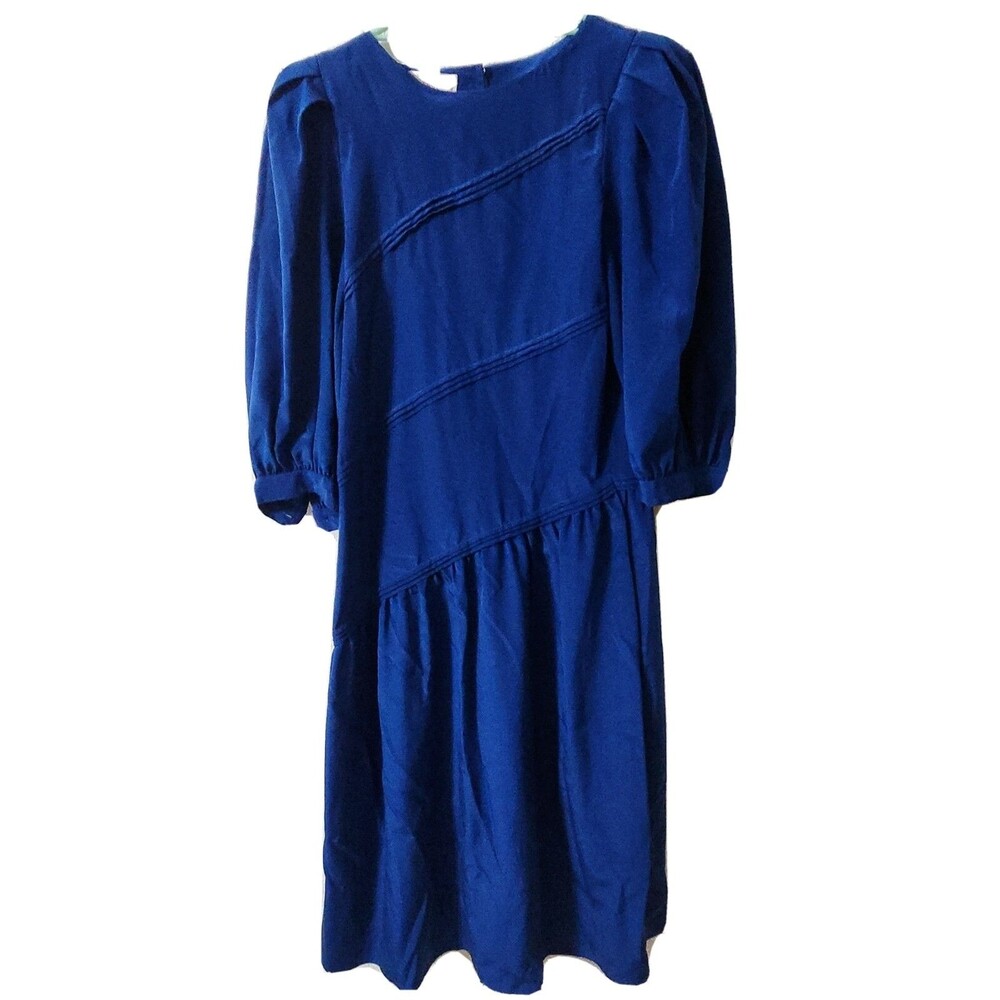 Joanie Char 100% Silk Dress 4 Vintage Shoulder Pads Blue Modest Cottagecore